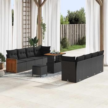 ARDEBO.de - 11-teiliges Gartensofa-Set mit Kissen Schwarz Poly Rattan Akazie