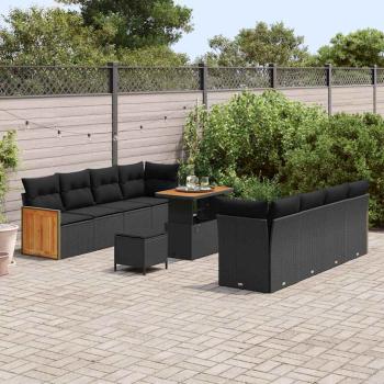 11-teiliges Gartensofa-Set mit Kissen Schwarz Poly Rattan Akazie