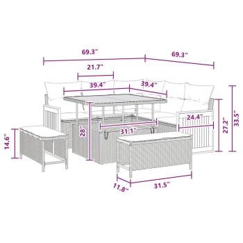 8-teiliges Garten Sofa Set mit Kissen Schwarz Poly Rattan Akazie