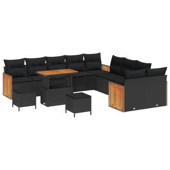 ARDEBO.de - 13-teiliges Garten Sofa Set mit Kissen Schwarz Poly Rattan Akazie