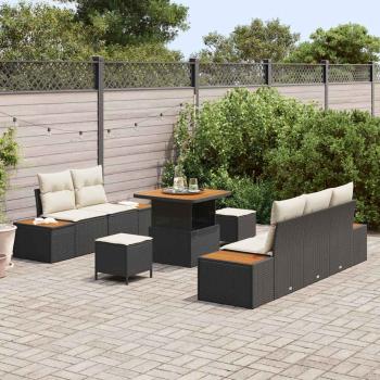 8-teiliges Garten Sofa Set mit Kissen Schwarz Poly Rattan Akazie