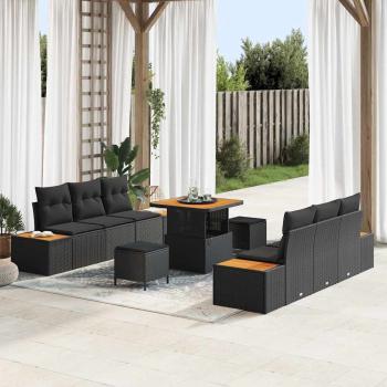 ARDEBO.de - 9-teiliges Garten Sofa Set mit Kissen - Schwarzes Poly Rattan und Akazie