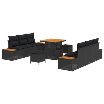9-teiliges Garten Sofa Set mit Kissen - Schwarzes Poly Rattan und Akazie