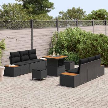 9-teiliges Garten Sofa Set mit Kissen - Schwarzes Poly Rattan und Akazie