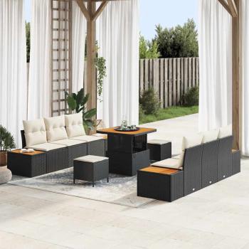 ARDEBO.de - 9-teiliges Garten-Sofa Set mit Kissen Schwarz Poly Rattan Akazie