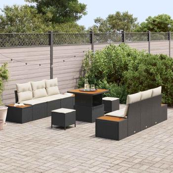 9-teiliges Garten-Sofa Set mit Kissen Schwarz Poly Rattan Akazie