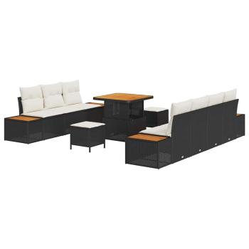 10-teiliges Garten Sofaset mit Kissen in Schwarz Poly Rattan Akazie