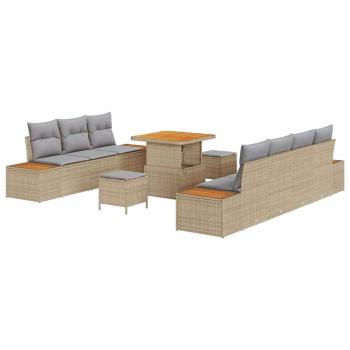 10-teiliges Garten Sofa Set mit Kissen Beige Poly Rattan Akazie