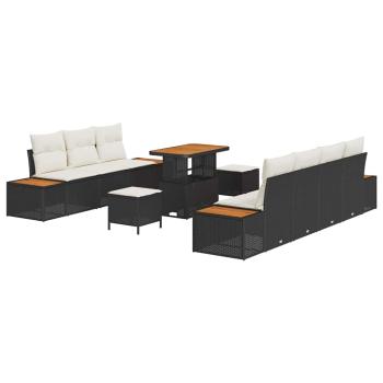 10-teiliges Garten-Sofa-Set mit Kissen Schwarz Poly-Rattan Akazie