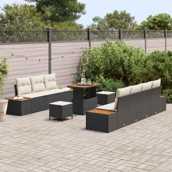 10-teiliges Garten-Sofa-Set mit Kissen Schwarz Poly-Rattan Akazie