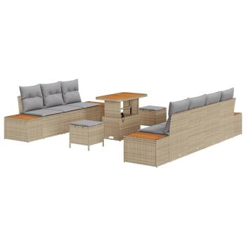 10-teiliges Garten Sofa Set mit Kissen Beiger Poly Rattan Akazie