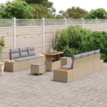 10-teiliges Garten Sofa Set mit Kissen Beiger Poly Rattan Akazie