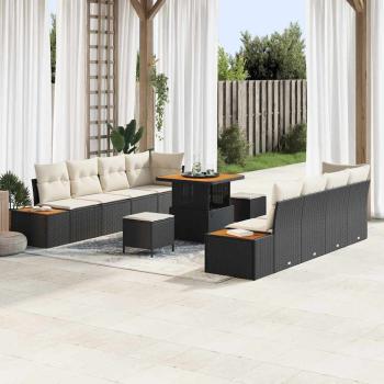 ARDEBO.de - 11-teiliges Garten Sofa Set mit Kissen Schwarz Poly Rattan Akazie