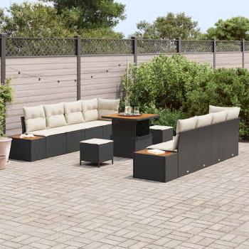 11-teiliges Garten Sofa Set mit Kissen Schwarz Poly Rattan Akazie