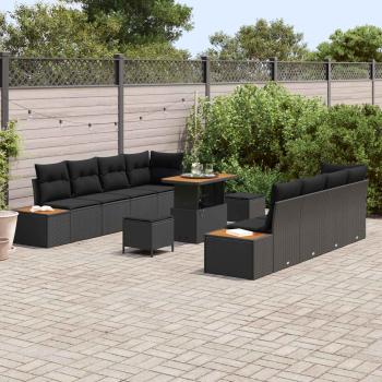 11-teiliges Garten-Sofa-Set mit Kissen Schwarz Poly-Rattan Akazie