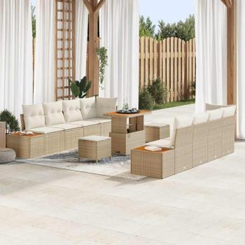 ARDEBO.de - 11-teiliges Garten Sofa Set mit Kissen Beige Poly Rattan Akazie