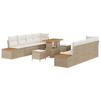 11-teiliges Garten Sofa Set mit Kissen Beige Poly Rattan Akazie