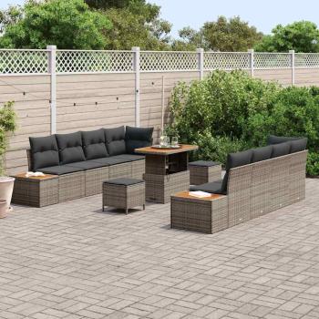 11-teiliges Garten Sofa Set mit Kissen Grau Poly Rattan Akazie