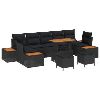 10-teiliges Garten Sofa Set mit Kissen Schwarz Poly Rattan Akazie