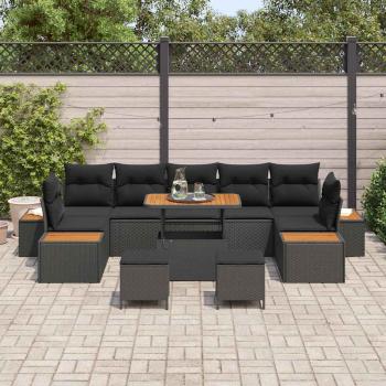 10-teiliges Garten Sofa Set mit Kissen Schwarz Poly Rattan Akazie