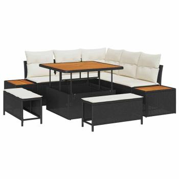 8-teiliges Garten Sofaset mit Kissen Schwarz Poly Rattan Akazie