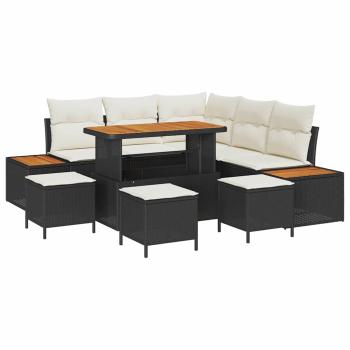 9-teiliges Garten Sofa Set mit Kissen Schwarz Poly Rattan Akazie