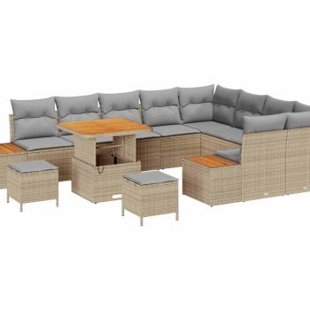 12-teiliges Garten Sofa Set mit Kissen Beige Poly-Rattan Akazie