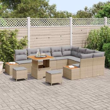12-teiliges Garten Sofa Set mit Kissen Beige Poly-Rattan Akazie