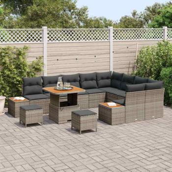 12-teiliges Garten Sofa Set mit Kissen Grau Poly-Rattan Akazie