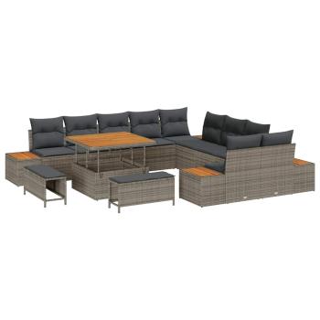 13-teiliges Garten Sofa Set mit Kissen Grau Poly Rattan Akazie