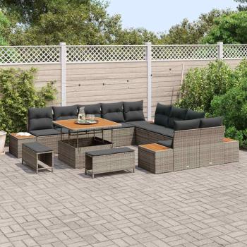 13-teiliges Garten Sofa Set mit Kissen Grau Poly Rattan Akazie