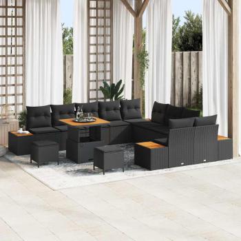ARDEBO.de - 13-teiliges Garten-Sofa Set mit Kissen Schwarz Poly-Rattan Akazie
