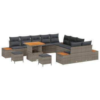 13-teiliges Garten Sofa Set mit Kissen Grau Poly Rattan Akazie