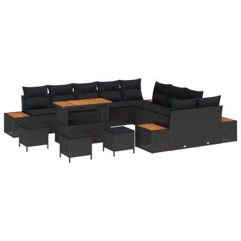 14-teiliges Garten Sofa Set mit Kissen Schwarz Poly Rattan Akazie