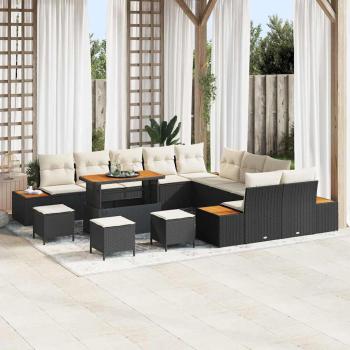 ARDEBO.de - 14-teiliges Garten Sofa Set mit Kissen Schwarz Poly Rattan Akazie