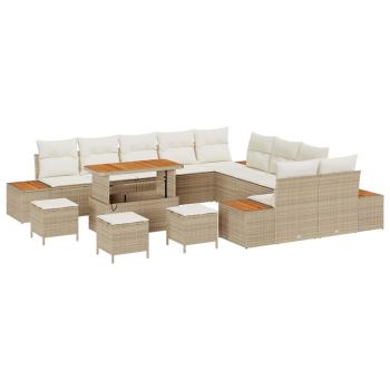 14-teiliges Garten Sofa Set mit Kissen Beige Poly Rattan Akazie