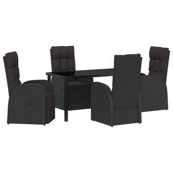 5-teiliges Garten-Ess-Set mit Kissen - Schwarzes Poly-Rattan