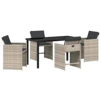 5-teiliges Garten-Essgruppen-Set mit Kissen hellgraues Poly-Rattan