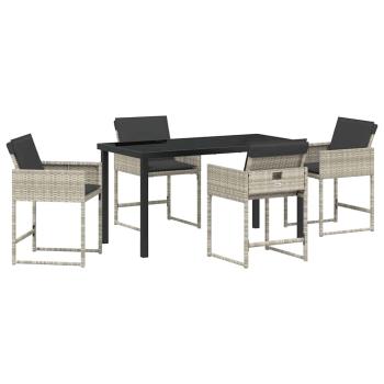5-teiliges Garten-Ess-Set mit Kissen in Hellgrau aus Poly-Rattan