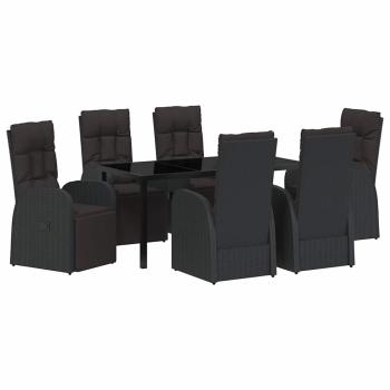 7-teiliges Garten-Essset mit Kissen, schwarzes Poly-Rattan