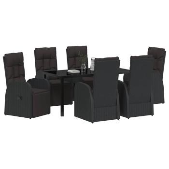 7-teiliges Garten-Essset mit Kissen, schwarzes Poly-Rattan