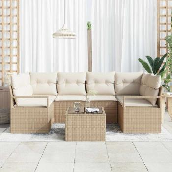 7-teiliges Garten-Sofa-Set mit Kissen, Beige, Poly-Rattan