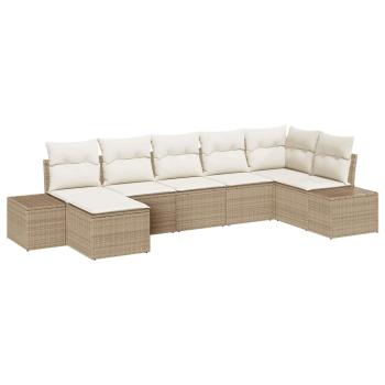 7-teiliges Garten-Sofa-Set mit Kissen in Beige Poly-Rattan