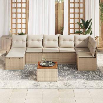 8-teiliges Garten Sofa Set mit Kissen Beige Poly Rattan Akazie