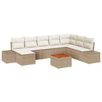 9-teiliges Garten Sofa Set mit Kissen Beige Poly Rattan Akazie