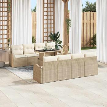 9-teiliges Garten Sofa Set mit Kissen Beige Poly Rattan
