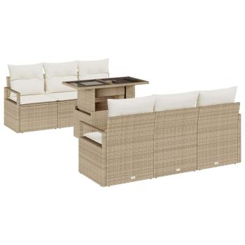 7-teiliges Garten Sofa Set mit Kissen Beige Poly Rattan