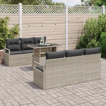 7-teiliges Garten Sofa Set mit Kissen Hellgrau Poly Rattan
