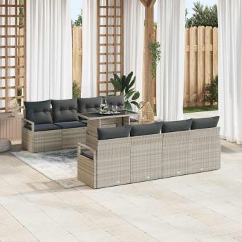 9-tlg. Garten-Sofagarnitur mit Kissen Hellgrau Poly Rattan