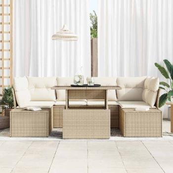 7-tlg. Garten-Sofagarnitur mit Kissen Beige Poly Rattan